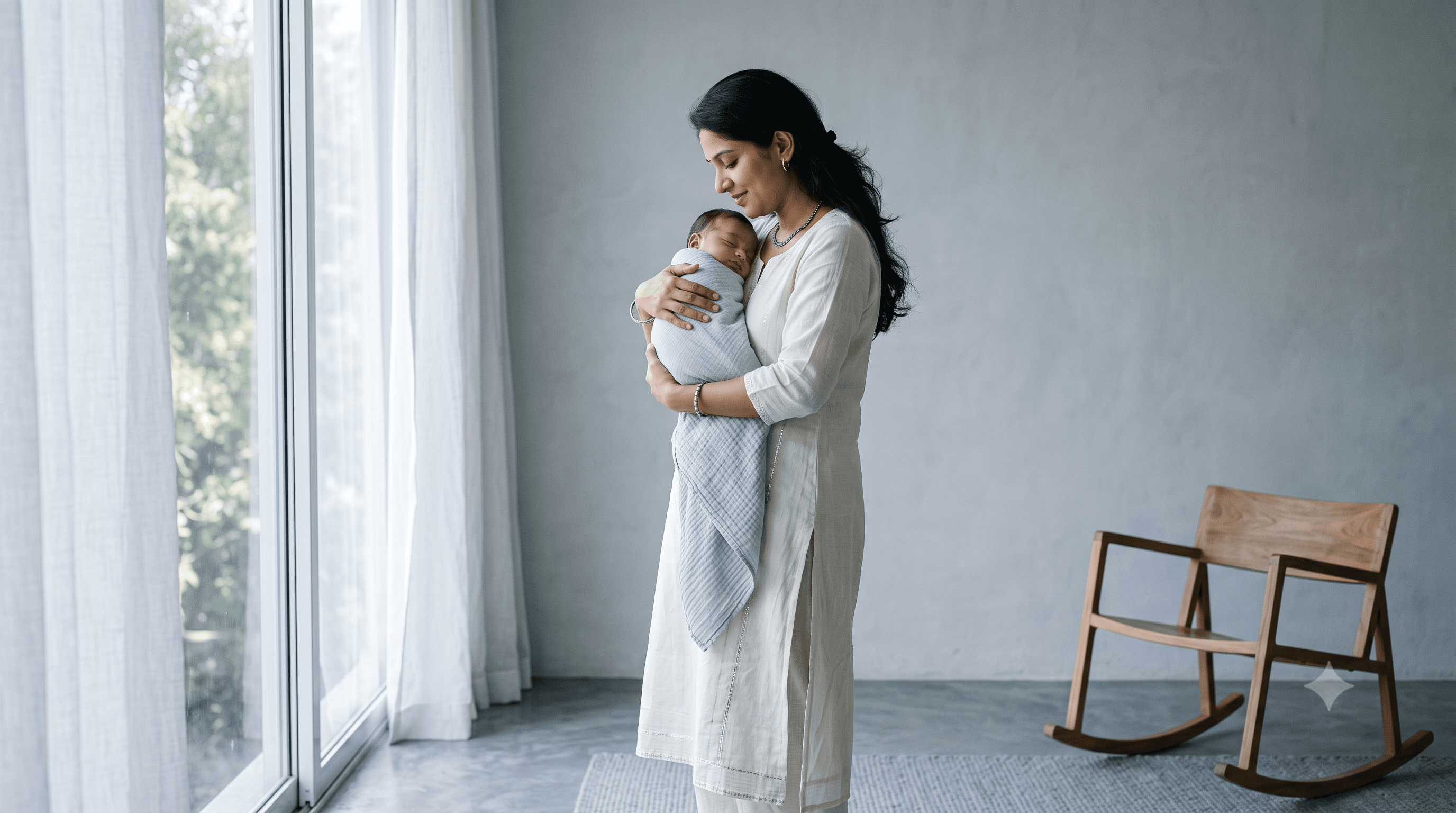 Mother gently holding her baby by the window